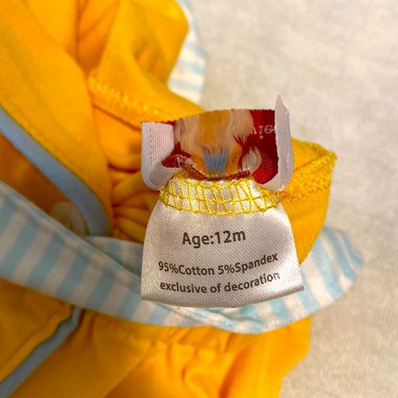 Abby & Evie Romper Overall Yellow Light Blue White “Bee Happy” with Buttons 12m - Picture 5 of 5